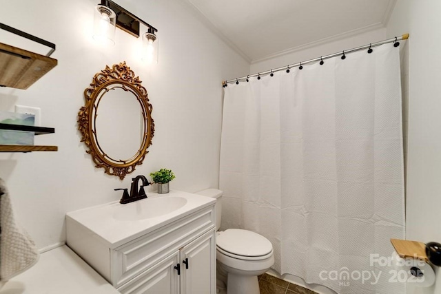 full bathroom with crown molding, vanity, toilet, tile patterned floors, and a shower with curtain