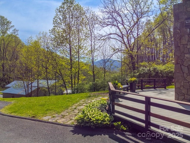 view of gate featuring a view of trees, a mountain view, and a yard
