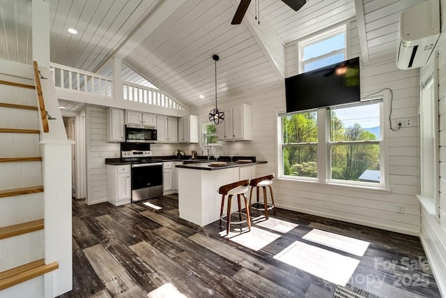 kitchen with dark countertops, appliances with stainless steel finishes, a sink, and dark wood finished floors