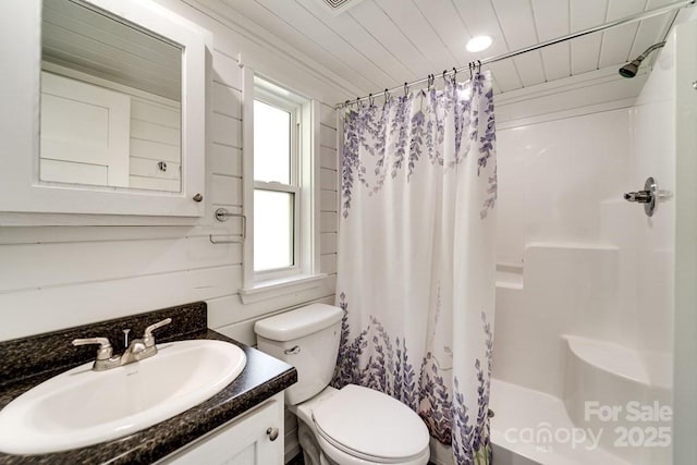 full bathroom featuring vanity, toilet, and wooden ceiling