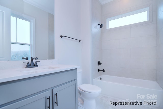 full bath with toilet, shower / bath combination, and vanity