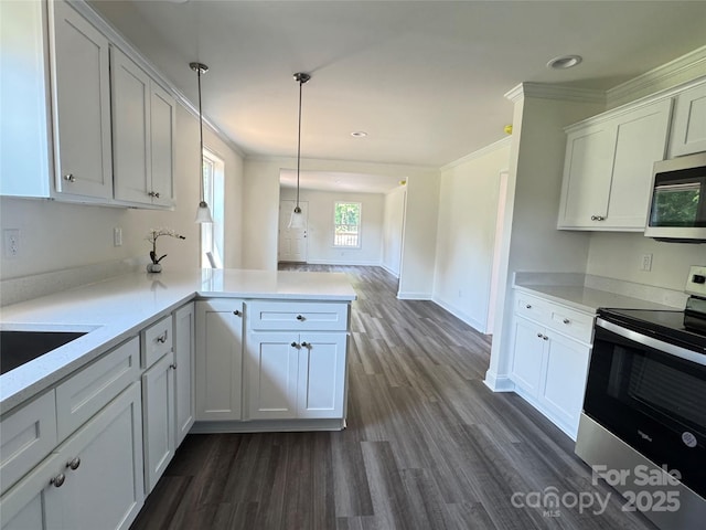 159 Hallman St, Cherryville, NC 28021 - kitchen featuring stainless steel appliances, crown molding, dark wood finished floors, white cabinetry, and a peninsula