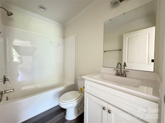 159 Hallman St, Cherryville, NC 28021 - full bath featuring crown molding, vanity,  shower combination, toilet, and wood finished floors