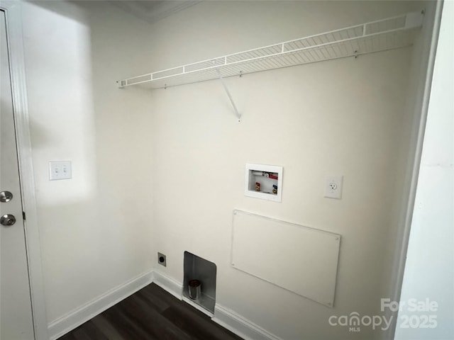 159 Hallman St, Cherryville, NC 28021 - laundry room featuring hookup for an electric dryer, hookup for a washing machine, dark wood-style floors, baseboards, and crown molding