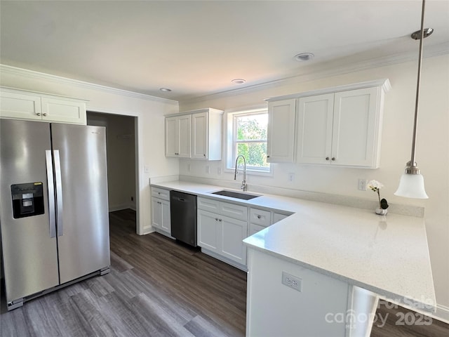 159 Hallman St, Cherryville, NC 28021 - kitchen with stainless steel refrigerator with ice dispenser, dishwashing machine, a sink, ornamental molding, and a peninsula