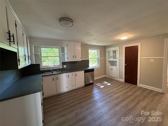 2703 34th Street Pl NE, Hickory, NC 28601 - kitchen featuring white cabinets, dark countertops, stainless steel dishwasher, and a sink