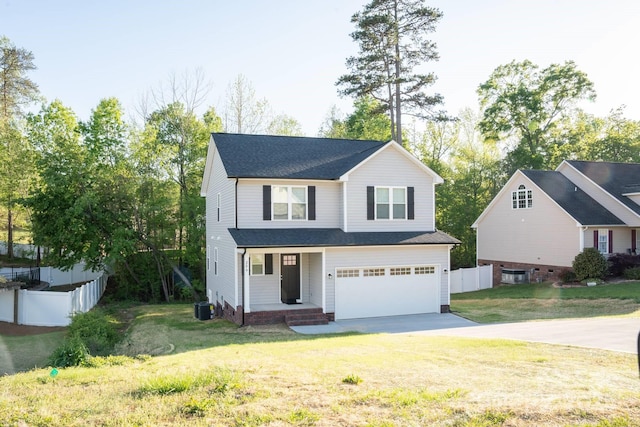 view of front of home with central AC unit, covered porch, concrete driveway, fence, and an attached garage
