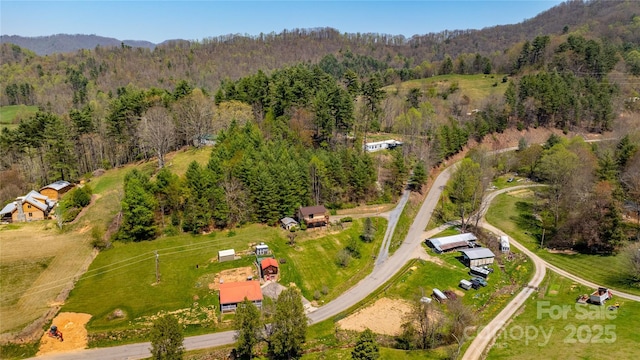 aerial view featuring a view of trees and a mountain view