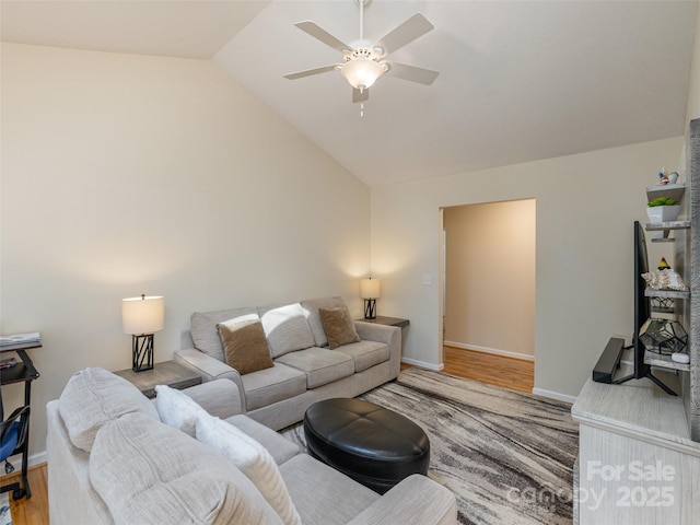 210 Allen Paul Dr, Hendersonville, NC 28791 - living area featuring lofted ceiling, a ceiling fan, baseboards, and wood finished floors