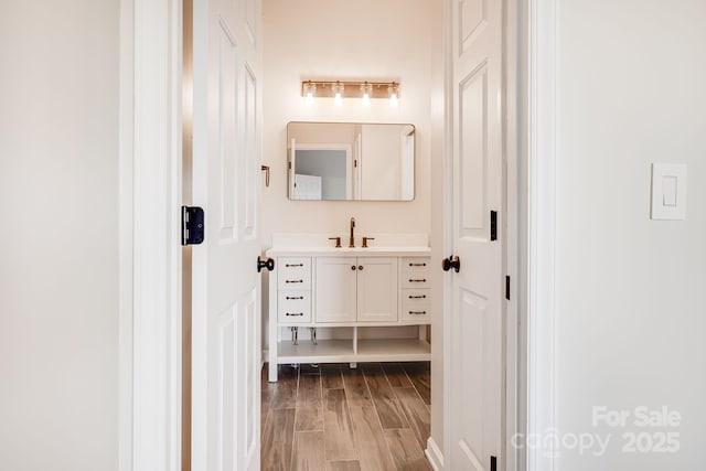 bathroom with wood finished floors and vanity