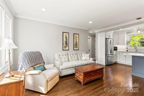 241 Wakefield Dr Unit C, Charlotte, NC 28209 - living room with recessed lighting, ornamental molding, and dark wood finished floors