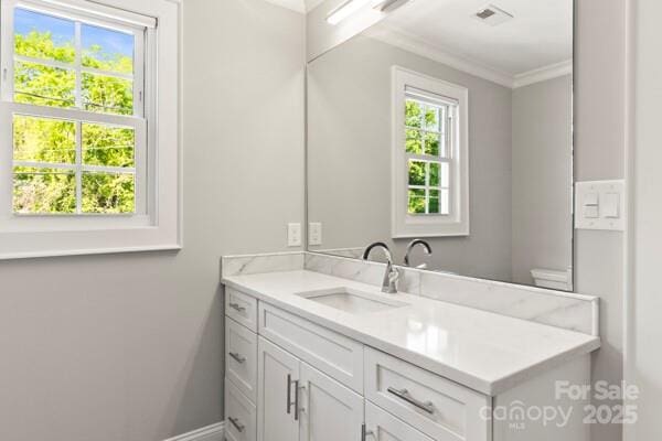 241 Wakefield Dr Unit C, Charlotte, NC 28209 - bathroom featuring baseboards, visible vents, vanity, and crown molding