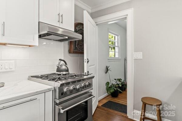 241 Wakefield Dr Unit C, Charlotte, NC 28209 - kitchen with high end stove, white cabinetry, decorative backsplash, crown molding, and under cabinet range hood
