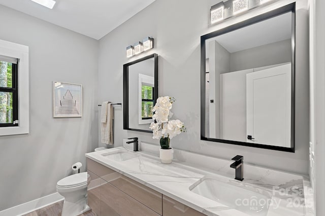 127 Holt Ln, Mooresville, NC 28117 - full bathroom featuring double vanity, a sink, wood finished floors, and toilet