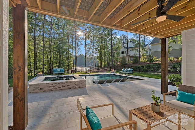 127 Holt Ln, Mooresville, NC 28117 - view of patio with ceiling fan, a fenced in pool, a fenced backyard, and an in ground hot tub