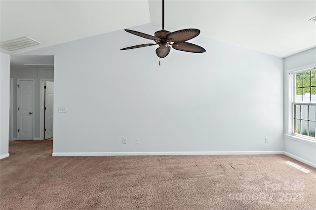 unfurnished room with carpet, baseboards, and ceiling fan