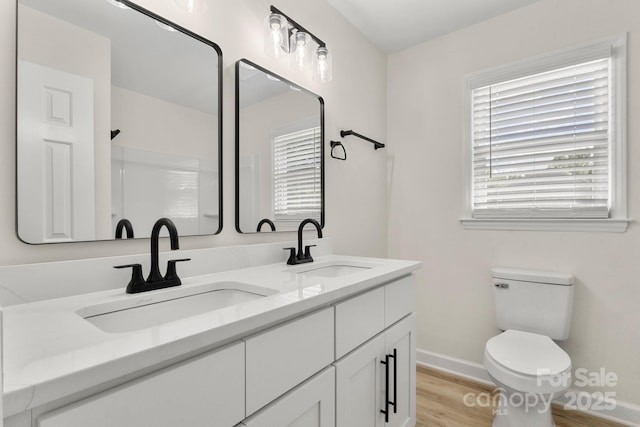 full bathroom featuring baseboards, a sink, wood finished floors, and toilet