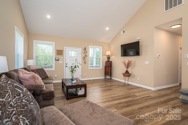 3121 Suffolk Dr, Shelby, NC 28152 - living room with wood finished floors, high vaulted ceiling, baseboards, and recessed lighting