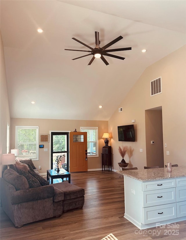 3121 Suffolk Dr, Shelby, NC 28152 - living room with a ceiling fan, high vaulted ceiling, wood finished floors, baseboards, and recessed lighting