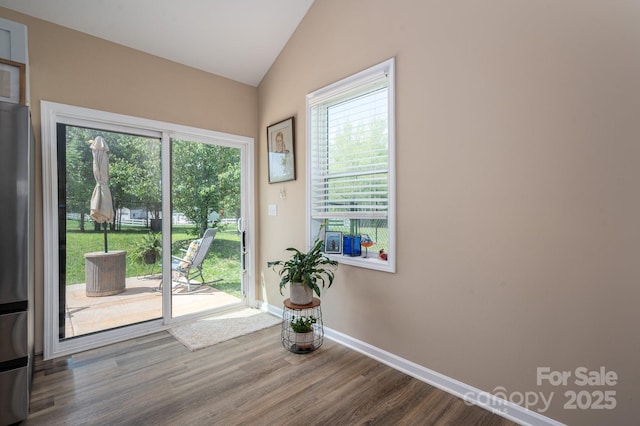 3121 Suffolk Dr, Shelby, NC 28152 - doorway to outside with lofted ceiling, baseboards, and wood finished floors
