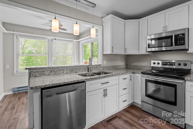 kitchen featuring dark wood-type flooring, plenty of natural light, stainless steel appliances, and a sink
