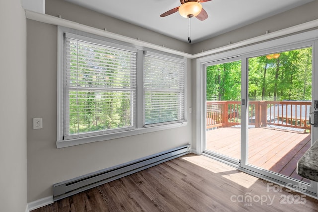 doorway with a ceiling fan, wood finished floors, and a baseboard radiator