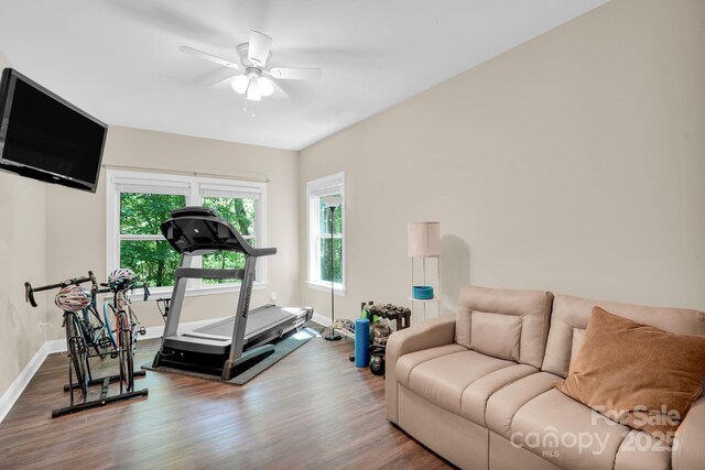 2417 Labelle Dr, Waxhaw, NC 28173 - exercise room with wood finished floors, baseboards, and ceiling fan