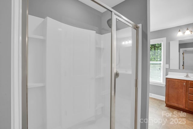 2417 Labelle Dr, Waxhaw, NC 28173 - bathroom featuring a shower stall, tile patterned flooring, vanity, and baseboards