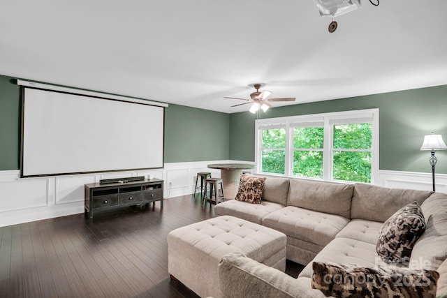 2417 Labelle Dr, Waxhaw, NC 28173 - cinema room with a decorative wall, wainscoting, ceiling fan, and wood-type flooring