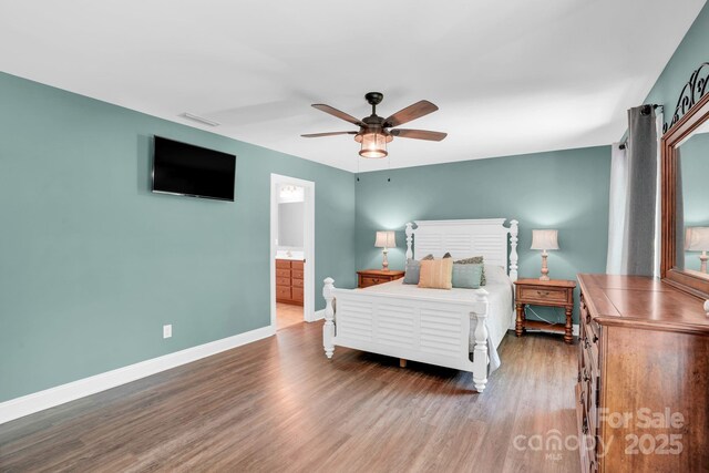 2417 Labelle Dr, Waxhaw, NC 28173 - bedroom featuring wood finished floors, ceiling fan, and ensuite bathroom