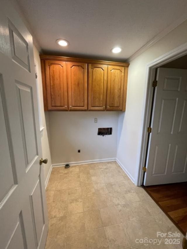 127 Edgeway Rd, Mooresville, NC 28117 - laundry area with washer hookup, recessed lighting, baseboards, crown molding, and cabinet space