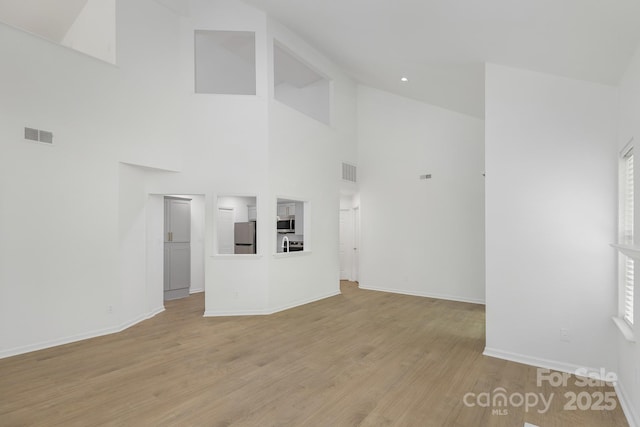 6523 Clavell Ln Unit I, Charlotte, NC 28210 - unfurnished living room with high vaulted ceiling, baseboards, light wood finished floors, and visible vents