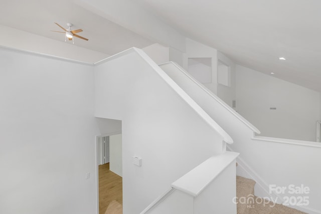 6523 Clavell Ln Unit I, Charlotte, NC 28210 - staircase featuring ceiling fan, baseboards, and vaulted ceiling