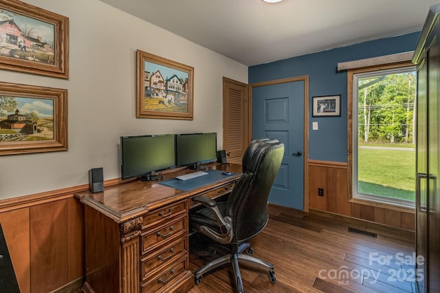 153 Coachman Loop, Statesville, NC 28625 - office area featuring wainscoting, dark wood-type flooring, and wood walls