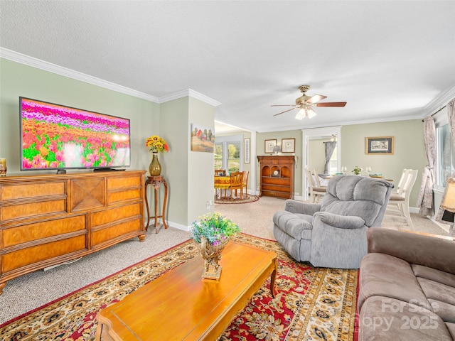 173 Odoms Chapel Rd, Bakersville, NC 28705 - carpeted living room featuring baseboards, a healthy amount of sunlight, ceiling fan, and crown molding