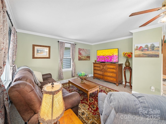 173 Odoms Chapel Rd, Bakersville, NC 28705 - carpeted living area with a ceiling fan, baseboards, and ornamental molding
