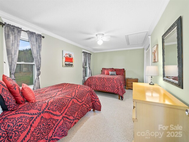 173 Odoms Chapel Rd, Bakersville, NC 28705 - carpeted bedroom with attic access, a ceiling fan, and crown molding