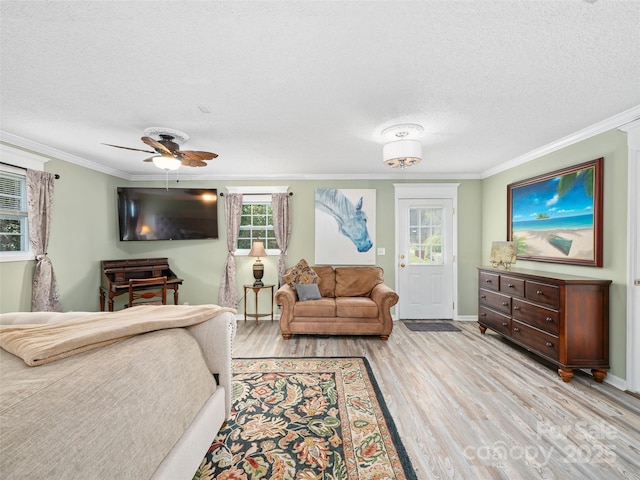 173 Odoms Chapel Rd, Bakersville, NC 28705 - living area featuring a ceiling fan, ornamental molding, baseboards, light wood-style flooring, and a textured ceiling
