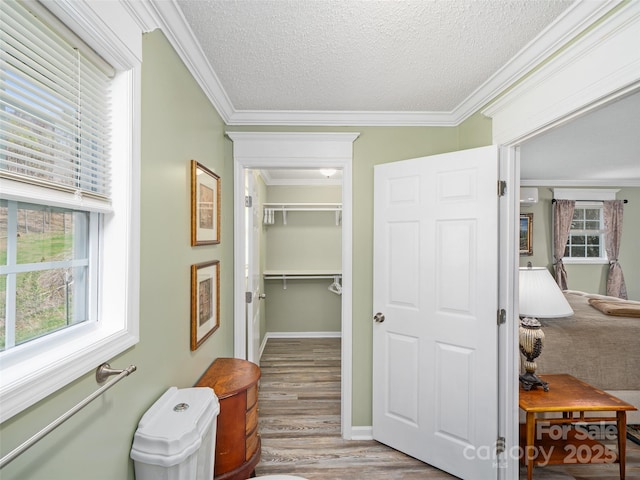 173 Odoms Chapel Rd, Bakersville, NC 28705 - hallway featuring a wall mounted AC, crown molding, wood finished floors, and a textured ceiling