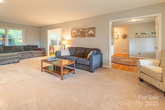 carpeted living room featuring baseboards