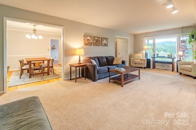 living area with an inviting chandelier, crown molding, light colored carpet, and track lighting
