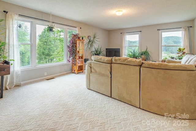 carpeted living area with baseboards, a wealth of natural light, visible vents, and a textured ceiling