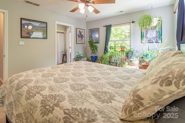 bedroom with ceiling fan and visible vents