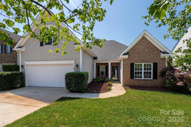 traditional-style house featuring brick siding, concrete driveway, a front lawn, and an attached garage