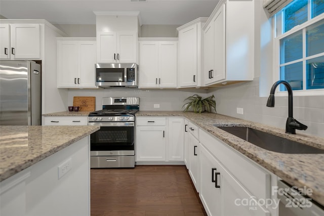 kitchen with a sink, white cabinetry, and stainless steel appliances