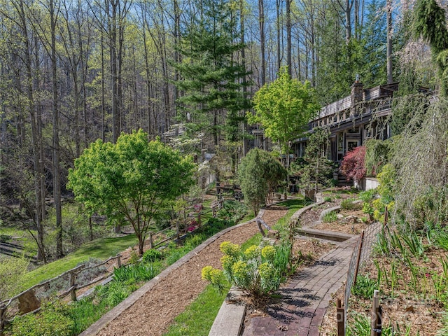 view of property's community with a wooded view