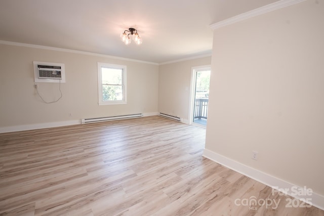 451 S Strand Dr, Norwood, NC 28128 - empty room featuring a wall mounted air conditioner, a baseboard radiator, light wood-type flooring, baseboards, and ornamental molding