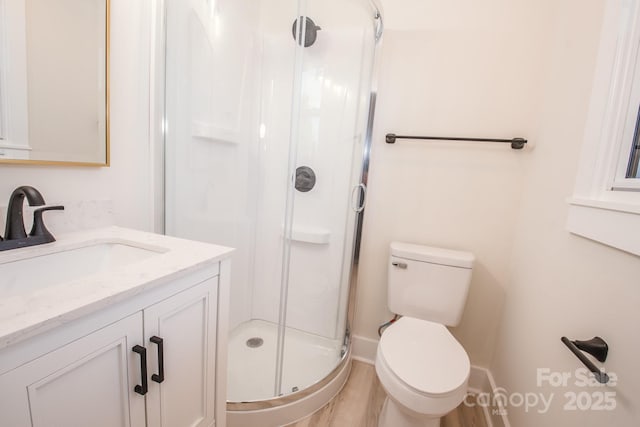 451 S Strand Dr, Norwood, NC 28128 - bathroom with wood finished floors, vanity, a shower stall, and toilet
