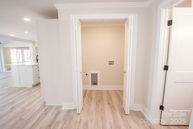 451 S Strand Dr, Norwood, NC 28128 - hallway with baseboards, recessed lighting, light wood-style floors, and ornamental molding