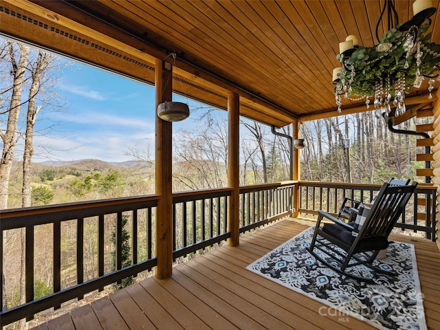 wooden deck featuring a mountain view
